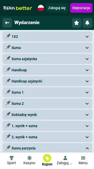 Rynki zakładów Spinbetter Polska