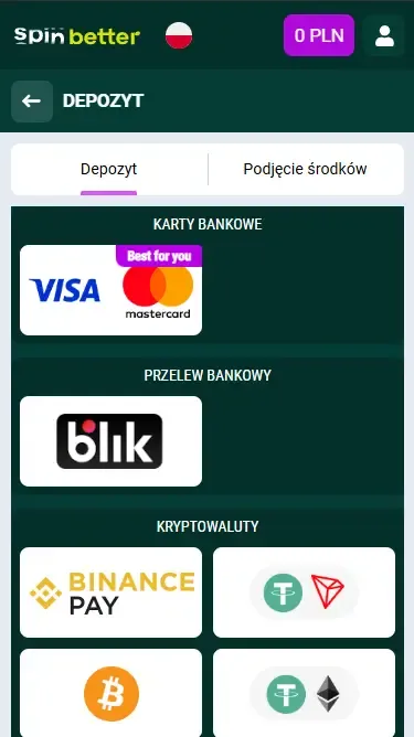 Opcje wpłat w Spinbetter Polska