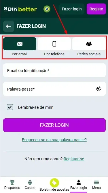 Spinbetter BR: formas de fazer login