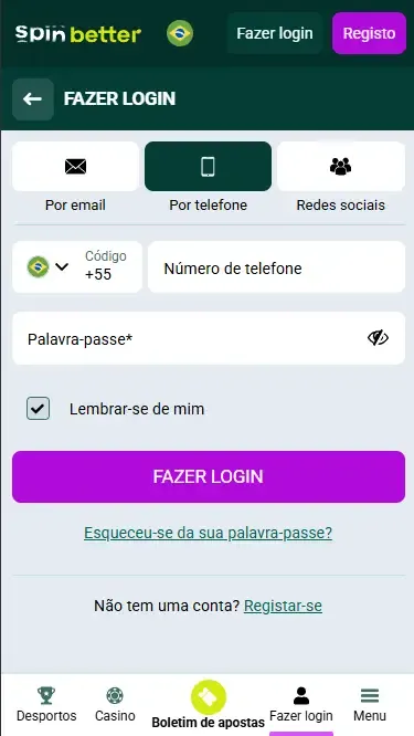 Login da Spinbetter Brasil via Número de Telefone