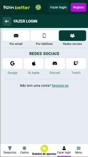 Login da Spinbetter BR via Redes Sociais
