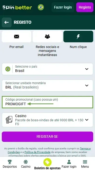 Código promocional Spinbetter Brasil
