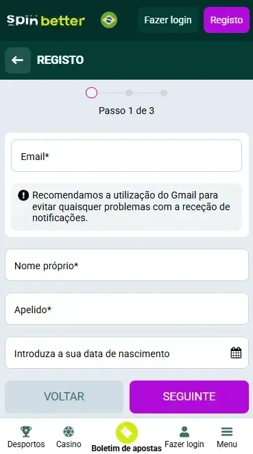 Spinbetter Brasil: Registo por e-mail