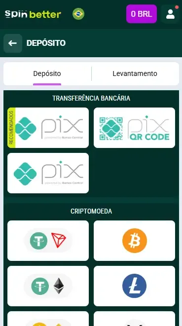 Opções de Depósito da Spinbetter