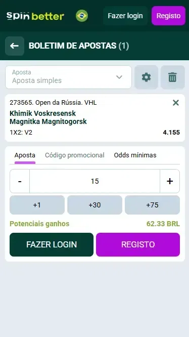 Bilhete de aposta de hóquei da Spinbetter Brasil