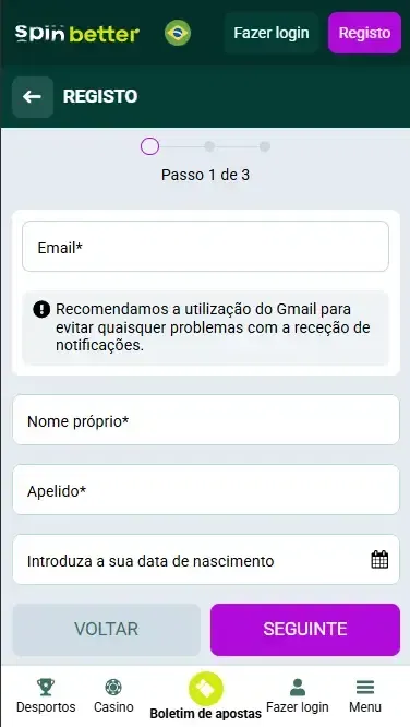 Cadastro na Spinbetter Brasil via E-mail