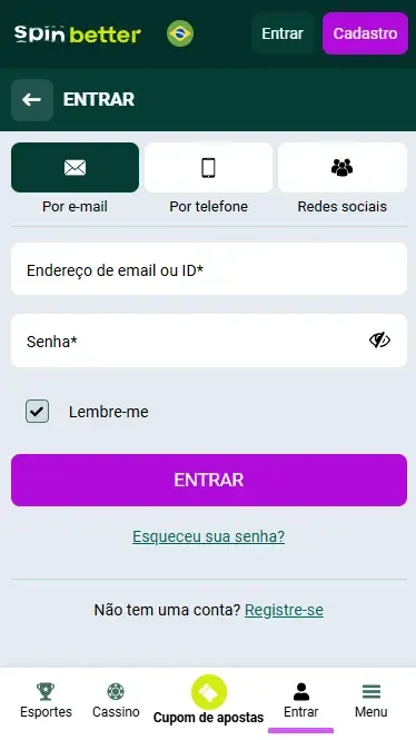 Login na Spinbetter Brasil via e-mail