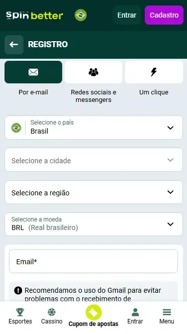 Registro na Spinbetter Brasil via E-mail