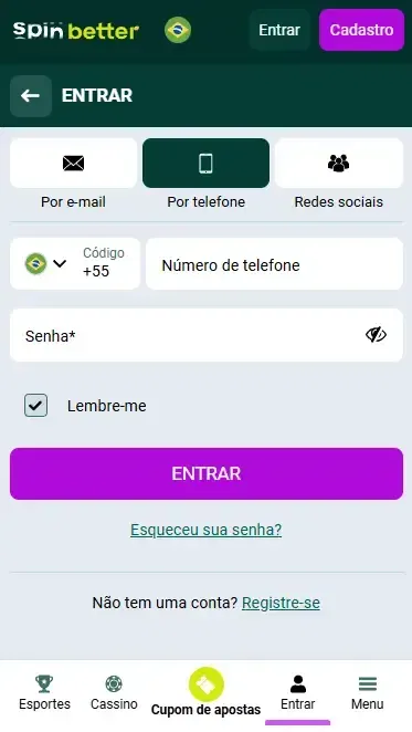 Login na Spinbetter Brasil via número de telefone
