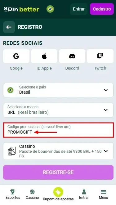 Código Promocional da Spinbetter Brasil