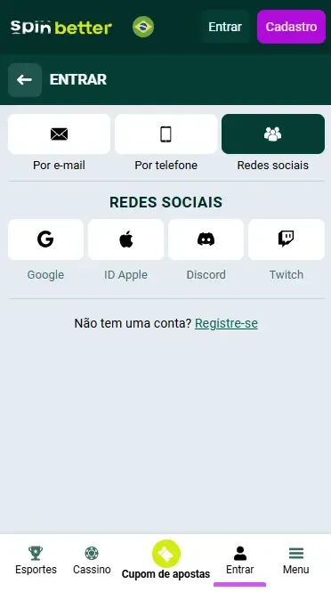 Login na Spinbetter Brasil via redes sociais