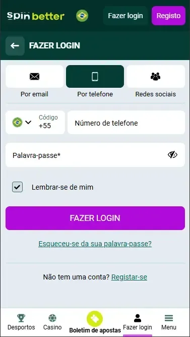 Login da Spinbetter Brasil via número de telefone