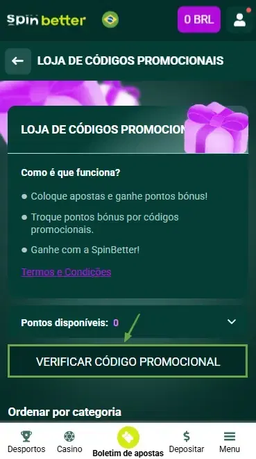 Spinbetter Brasil: Verificação de Código Promocional