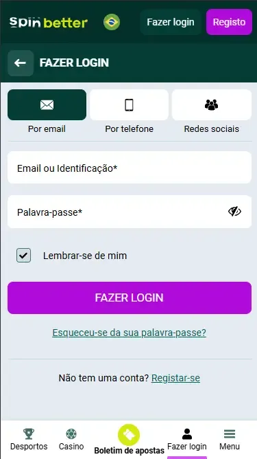 Login na Spinbetter Brasil via e-mail