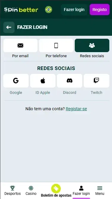 Login na Spinbetter Brasil via redes sociais