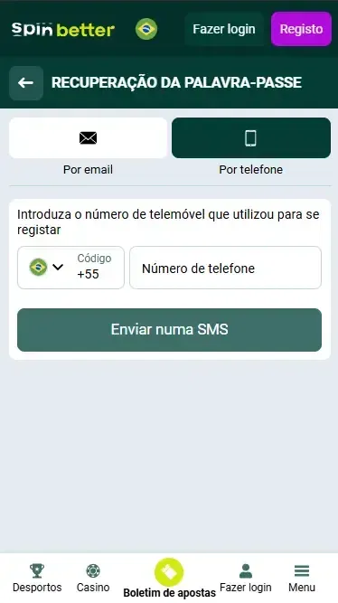 Recuperação de senha por número de telefone