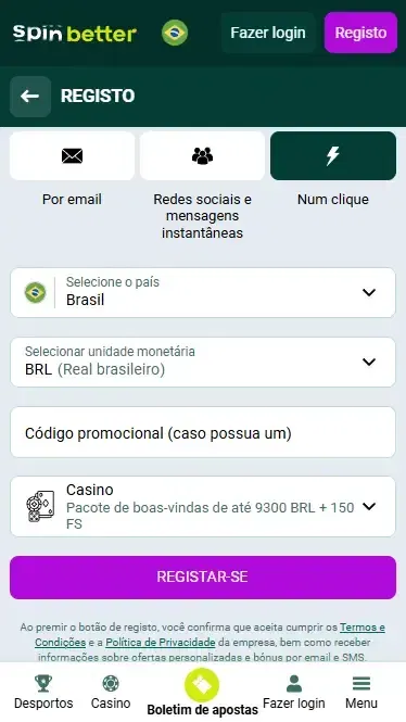 Cadastro em Um Clique na Spinbetter