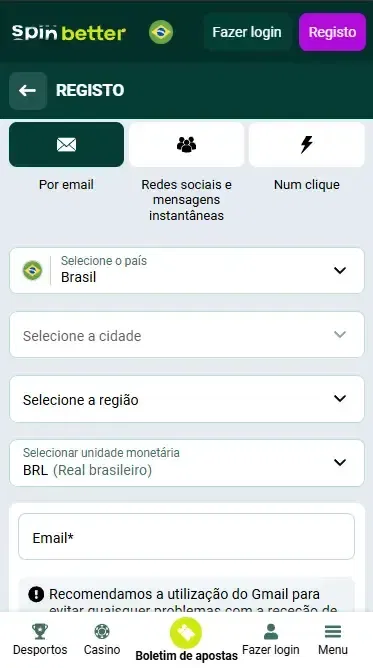 Cadastro na Spinbetter Brasil via E-mail