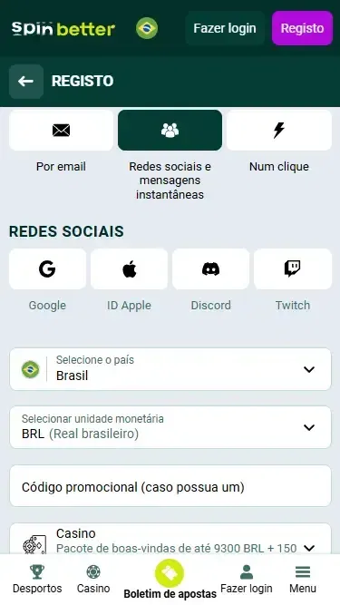 Cadastro Spinbetter via Redes Sociais