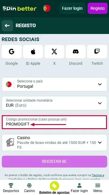 Código Promocional Spinbetter Portugal