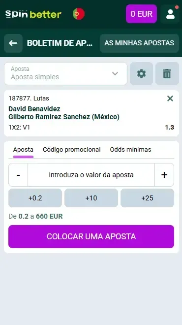 Boletim de Aposta de Boxe da Spinbetter