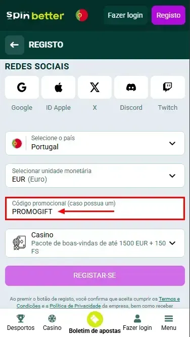 Código Promocional Spinbetter Português