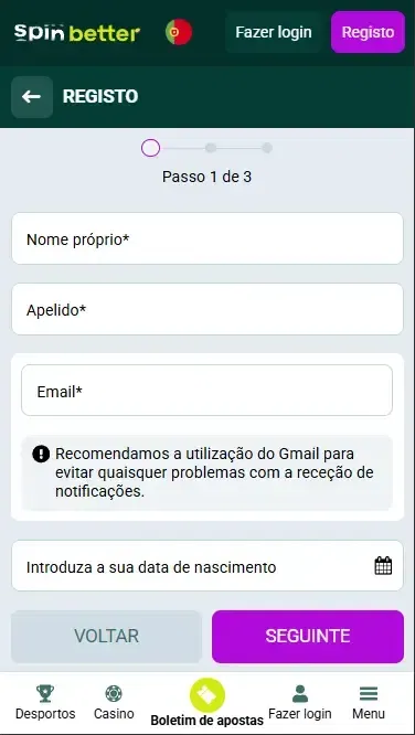 Registo Spinbetter Portugal via E-mail