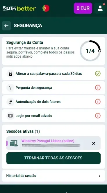 Proteção de Conta Spinbetter Portugal