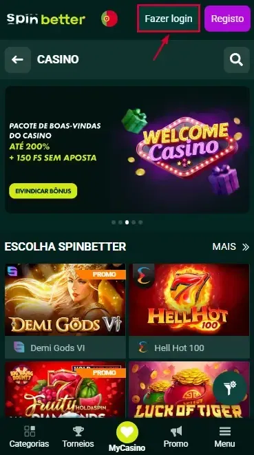 Botão de Login do Spinbetter Portugal