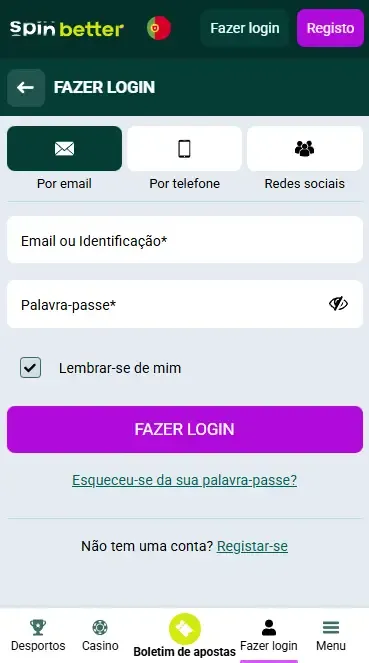 Login no Spinbetter via E-mail em Portugal