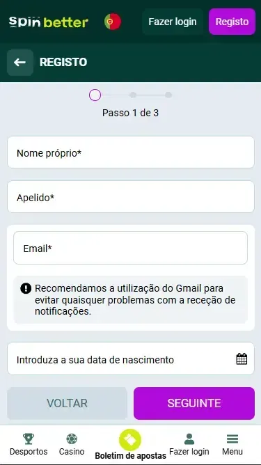 Spinbetter Portugal: Registo por e-mail
