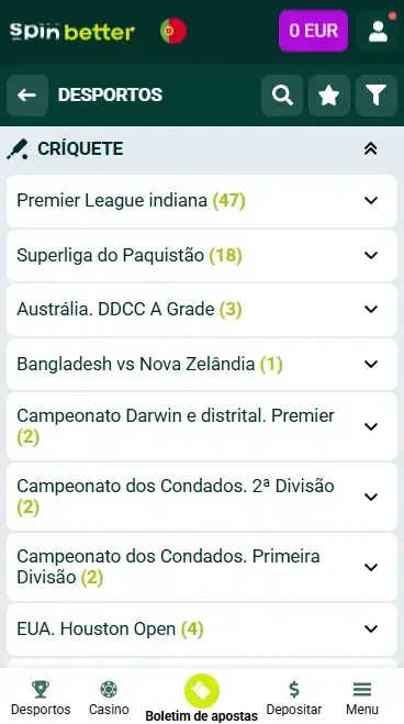 Jogos e eventos de críquete da Spinbetter Portugal