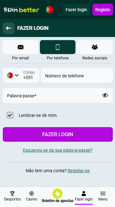 Iniciar sessão na Spinbetter Portugal via número de telefone