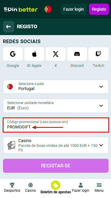 Código Promocional Spinbetter Portugal