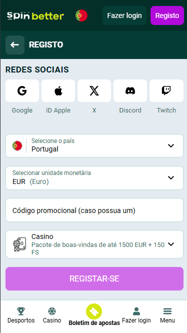 Registo Spinbetter Portugal via Redes Sociais