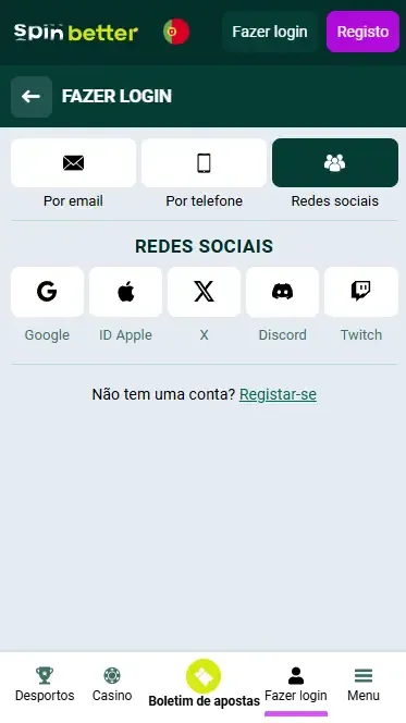 Iniciar sessão na Spinbetter Portugal via redes sociais