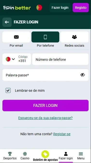 Spinbetter Portugal: Início de sessão através do número de telefone