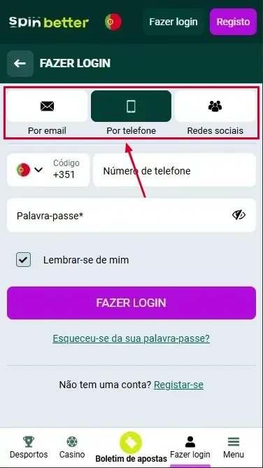 Spinbetter PT: Formas de iniciar sessão