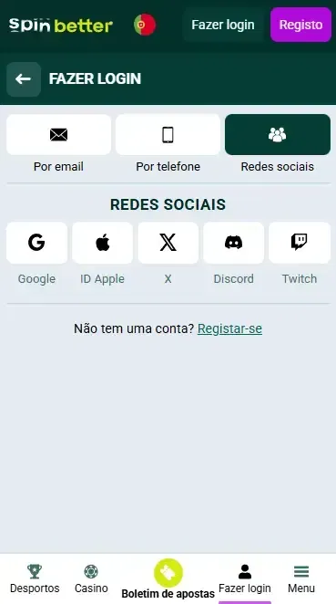Spinbetter Portugal: Iniciar sessão através das redes sociais