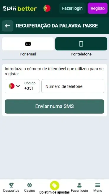 Recuperação da palavra-passe através do número de telefone na Spinbetter PT