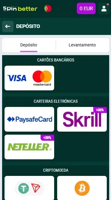 Spinbetter Portugal: Opções de Depósito