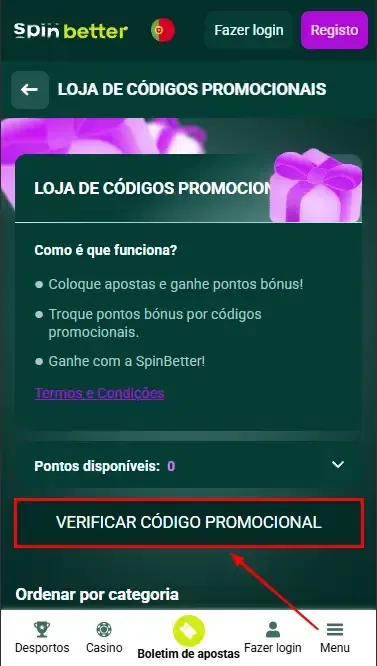 Spinbetter Portugal: Verificação do Código Promocional