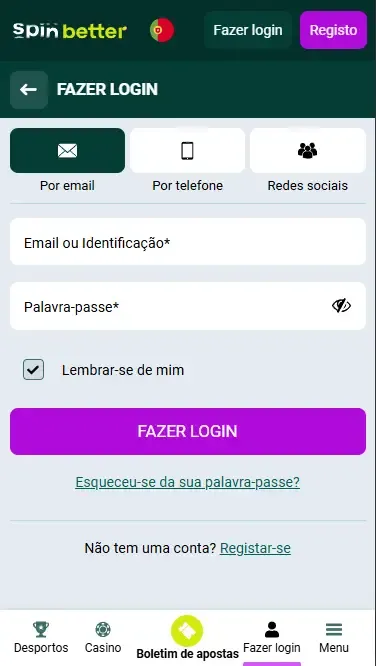 Início de sessão na Spinbetter Portugal via e-mail
