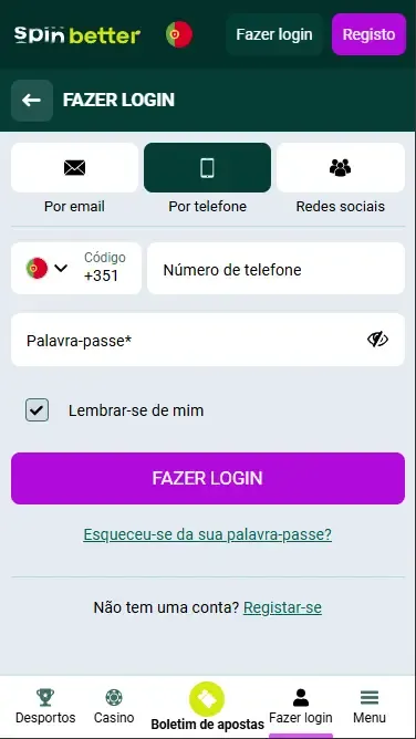 Início de sessão na Spinbetter Portugal via número de telefone