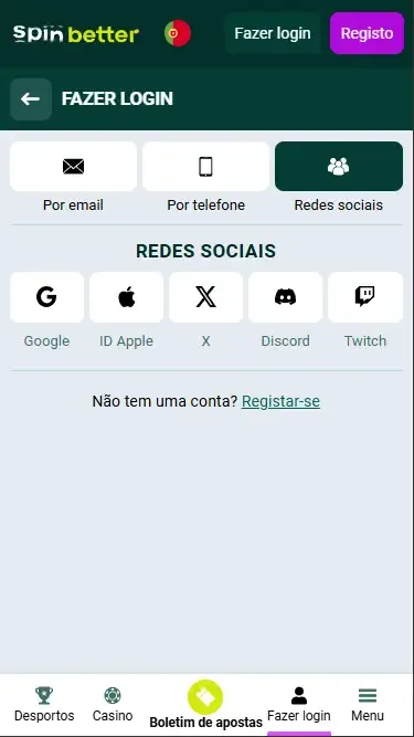 Início de sessão na Spinbetter Portugal via redes sociais