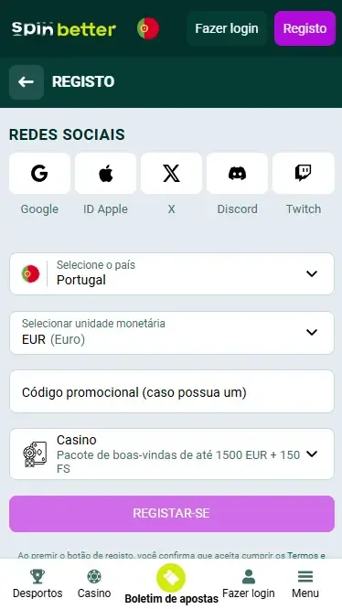 Registo Spinbetter via Redes Sociais