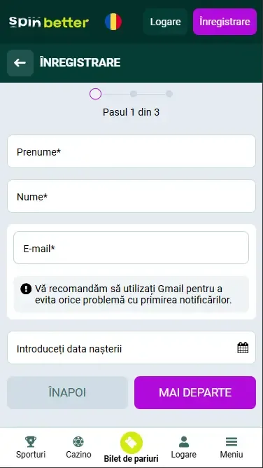 Înregistrare Spinbetter România prin e-mail
