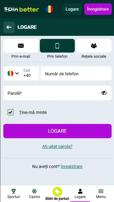 Autentificare Spinbetter România prin număr de telefon