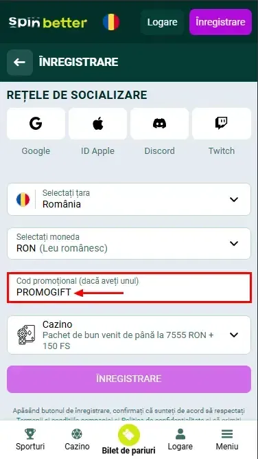 Cod promoțional Spinbetter România