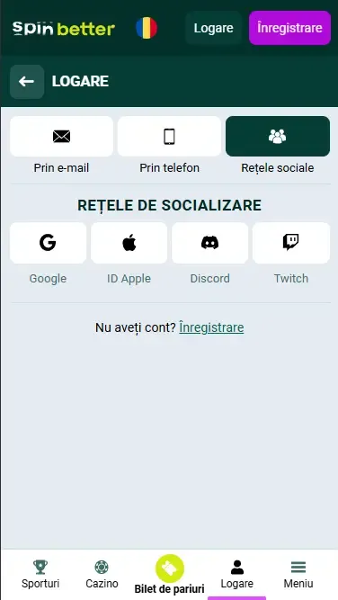 Autentificare Spinbetter România prin rețele sociale